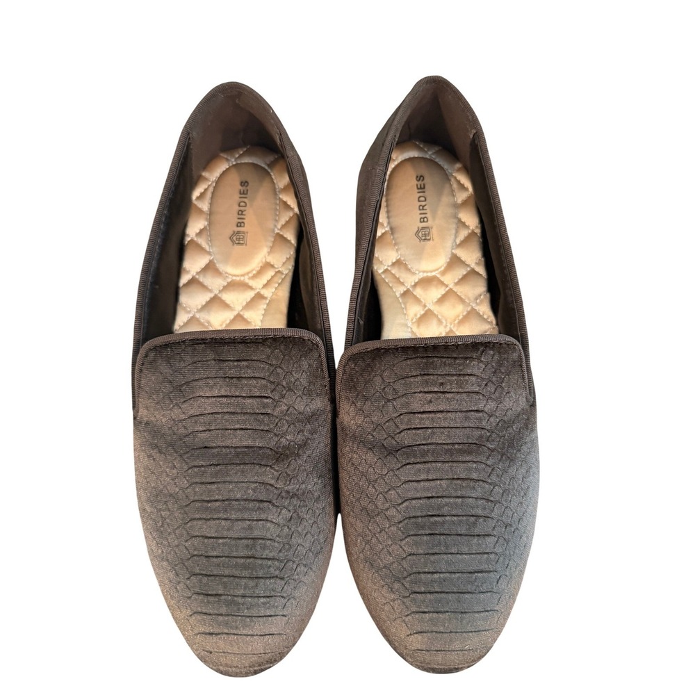 Birdies Starling Dark Brown Textured Velvet Snakeskin Embossed Loafers Womens 6